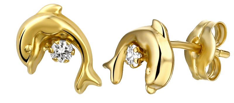 Kinderohrringe, 585 Gelbgold, Delfin, Zirkonia