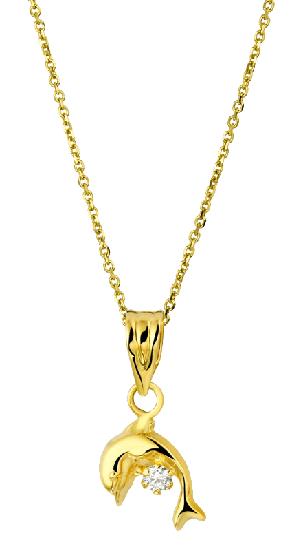 14Karaat geelgouden kinderketting dolfijn zirkonia