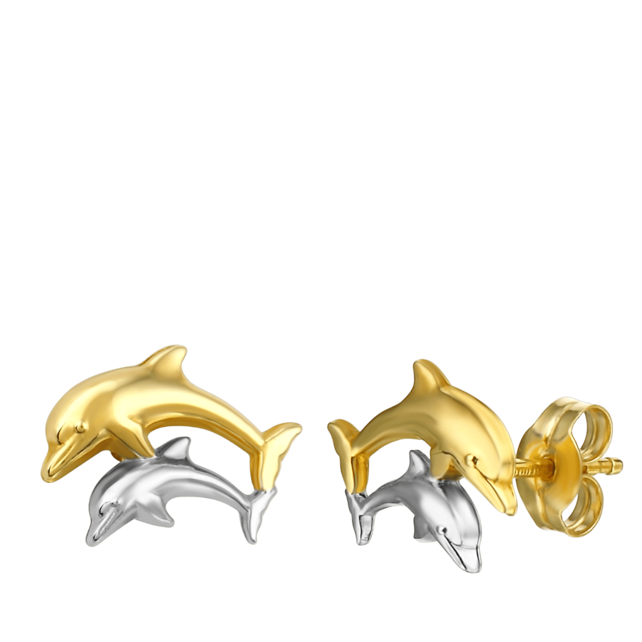Kinderohrringe, 585 Gelbgold, mit 2 Delfinen, zweifarbig