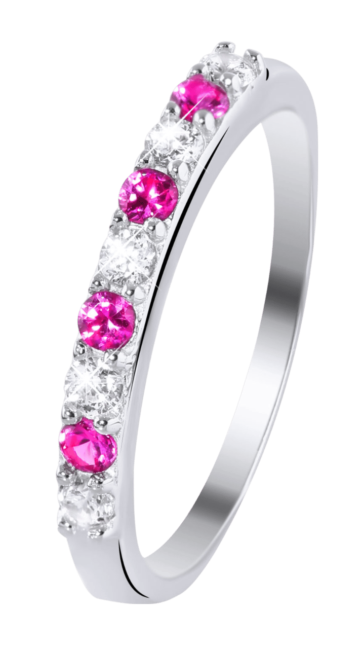 Zilveren kinderring rij met fuchsia&witte zirkonia