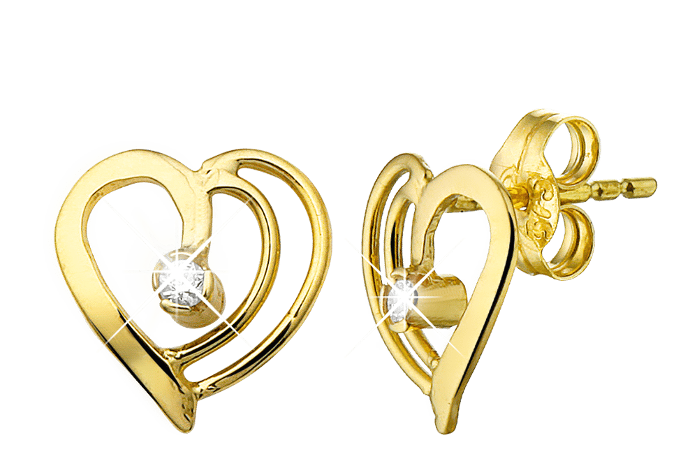 Diamond Luxury 14 karaat geelgouden oorknoppen hart met diamant 0,03ct voor dames