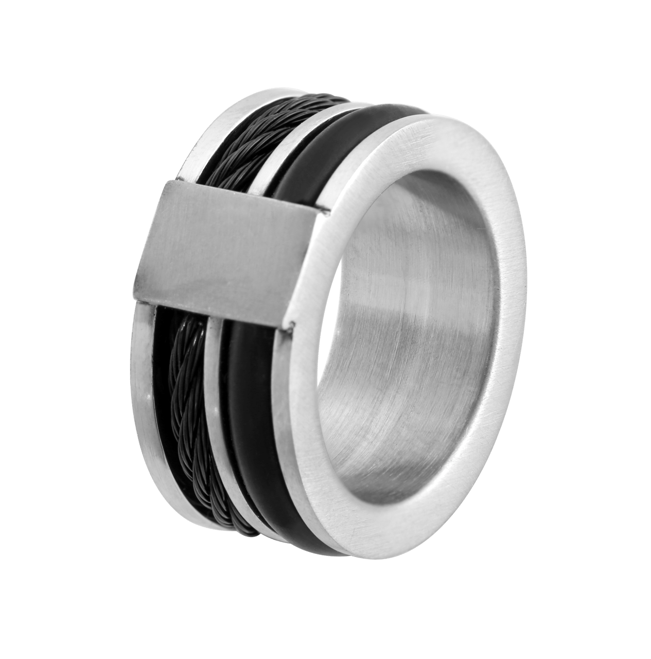 Stalen herenring met rubber en kabel zwart