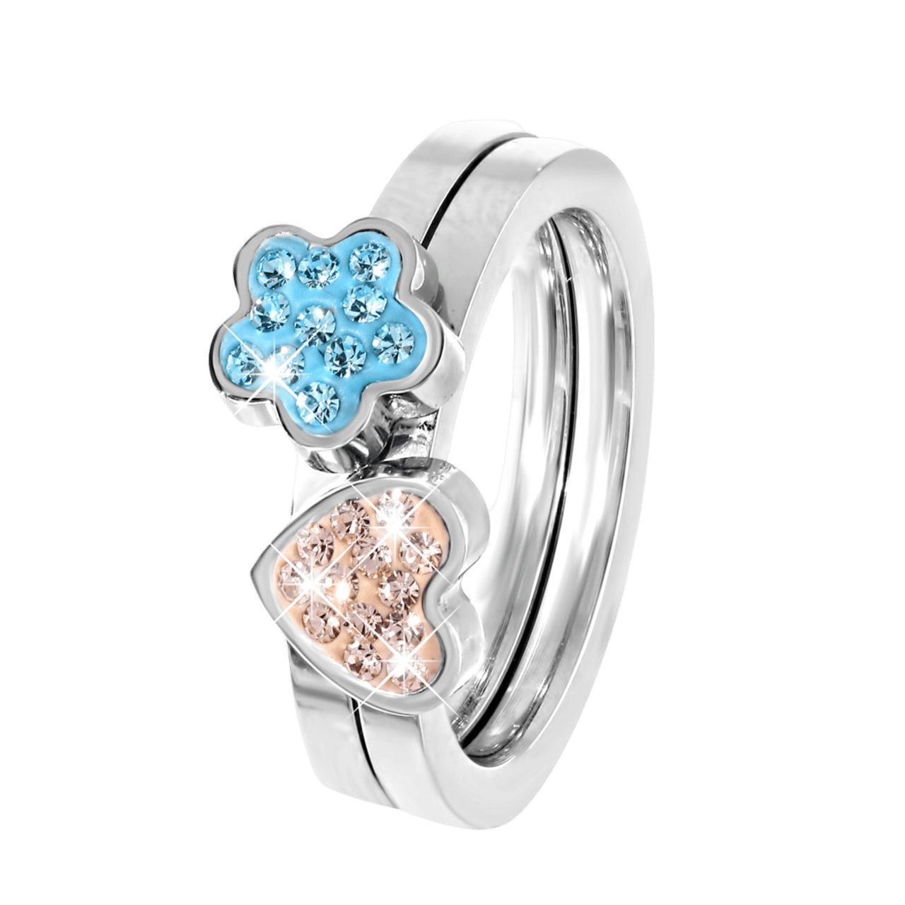 Edelstahlring für Kinder Herz/Blume Kristall in Pfirsich und Aquamarinblau