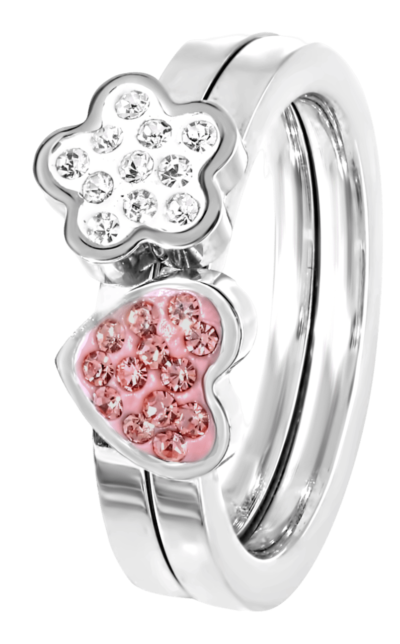 Edelstahlring für Kinder Herz/Blume mit rosa und weißem Kristall