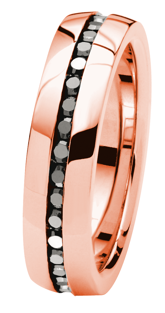 Gerecycleerd stalen ring roseplated met zwarte zirkonia