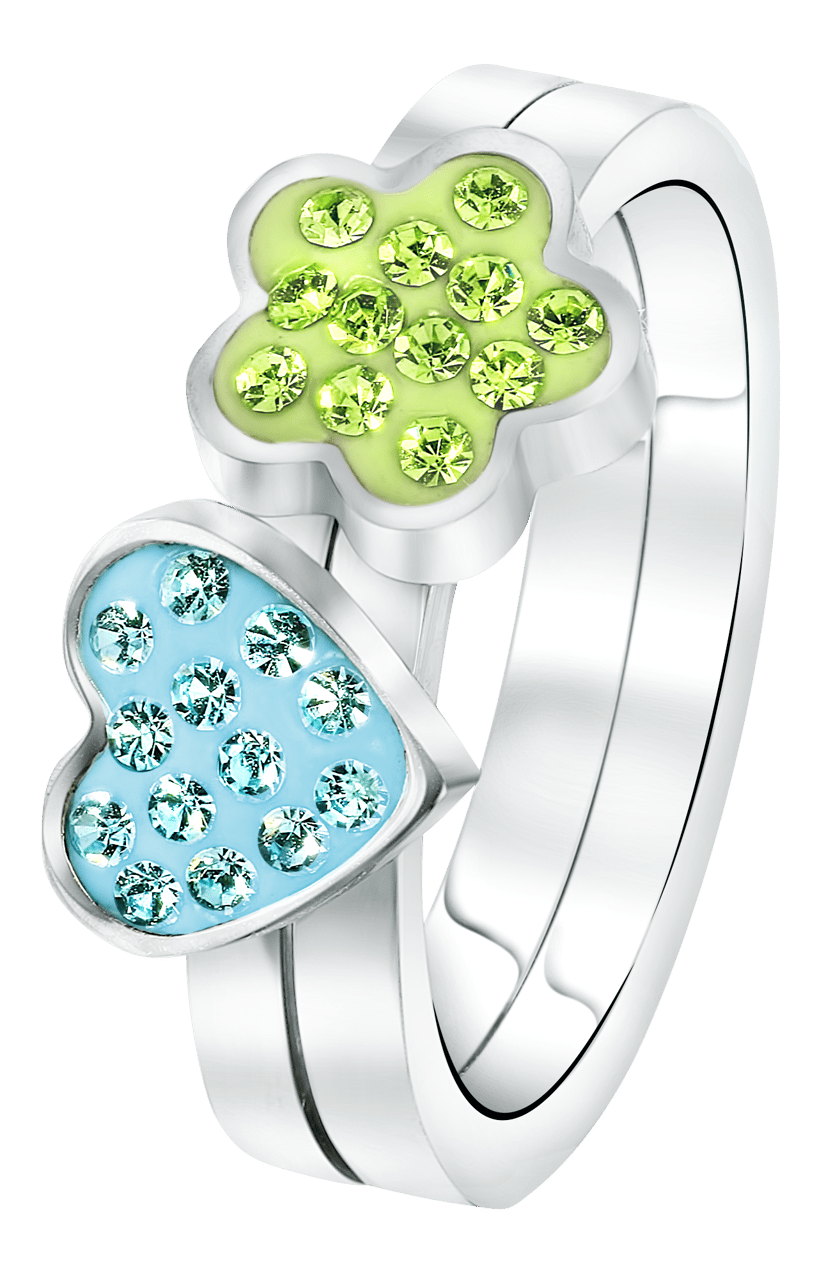 Stainless steel kinderring hart/bloem aqua&groen kristal