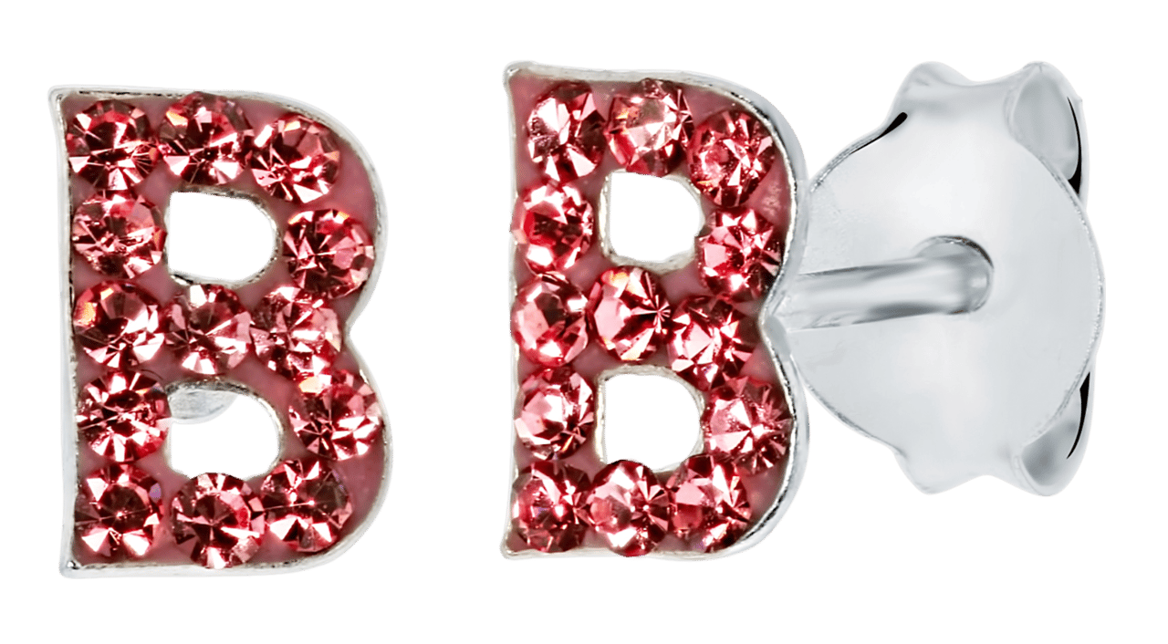 Zilveren kinderoorbellen initialen roze kristal