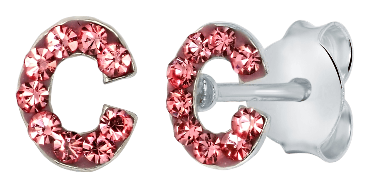 Zilveren kinderoorbellen initialen roze kristal