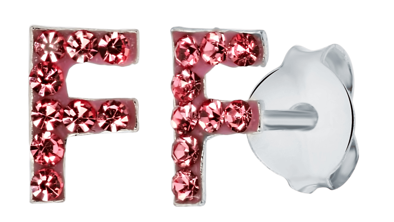 Zilveren kinderoorbellen initialen roze kristal