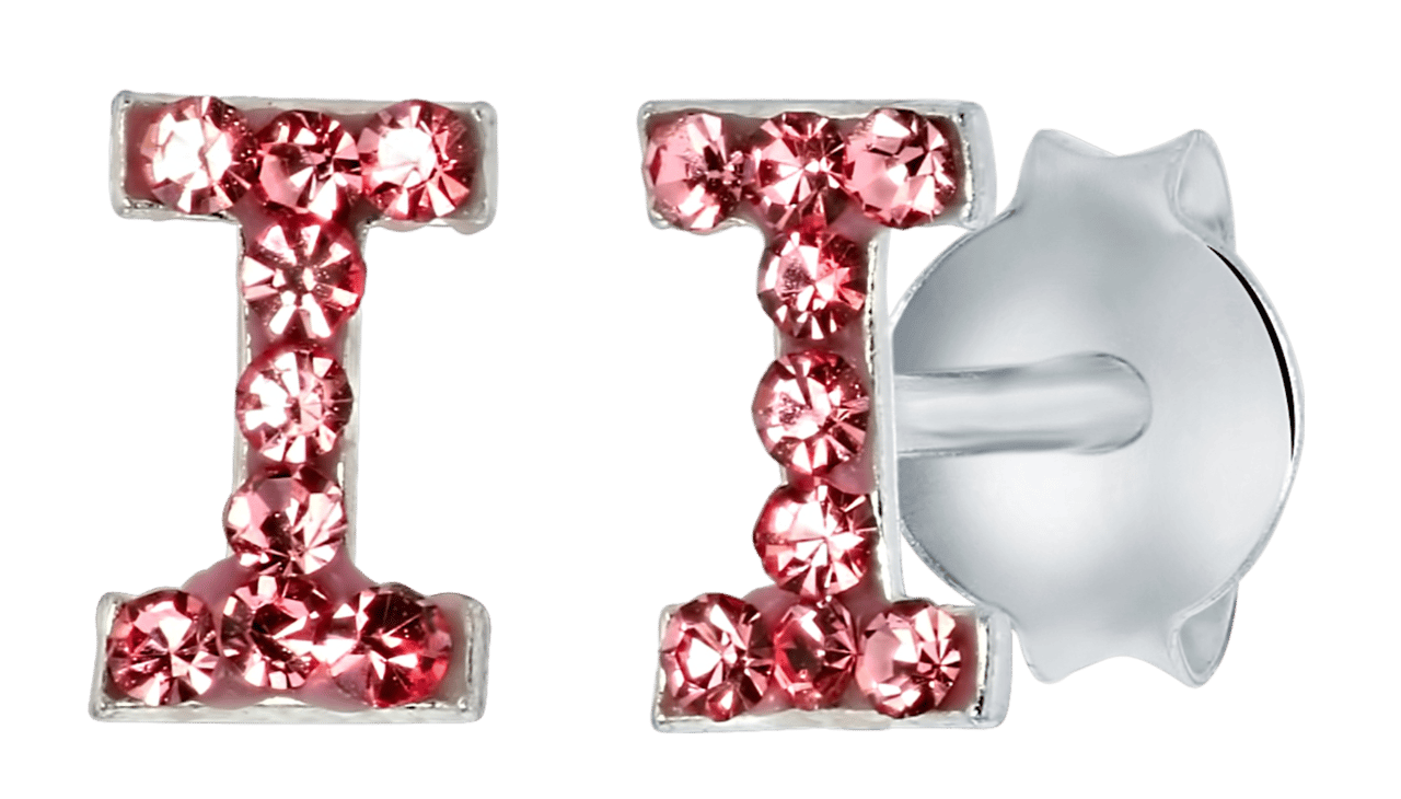Zilveren kinderoorbellen initialen roze kristal