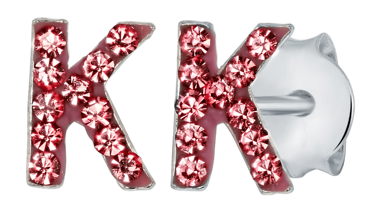 Zilveren kinderoorbellen initialen roze kristal