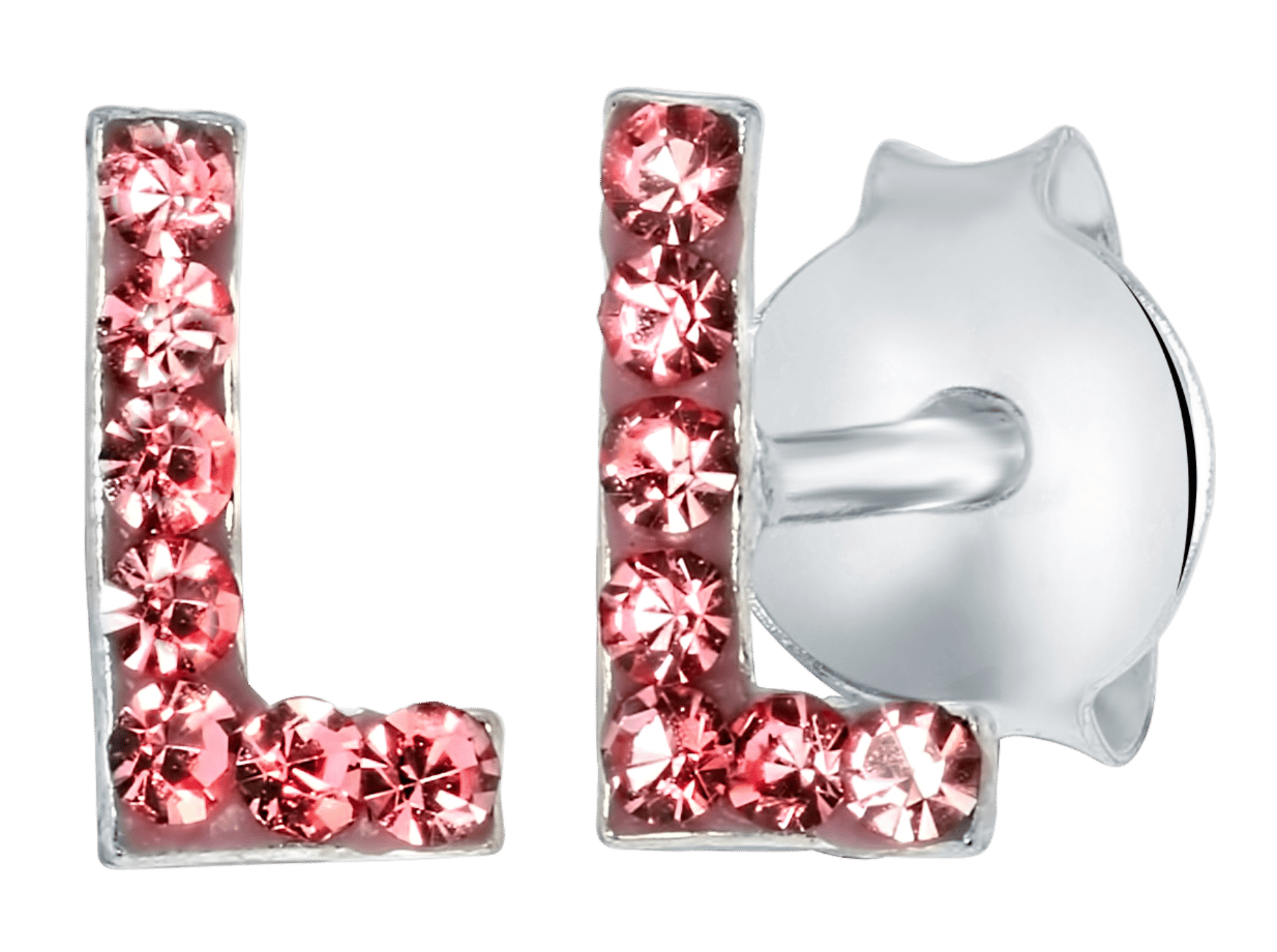 Zilveren kinderoorbellen initialen roze kristal