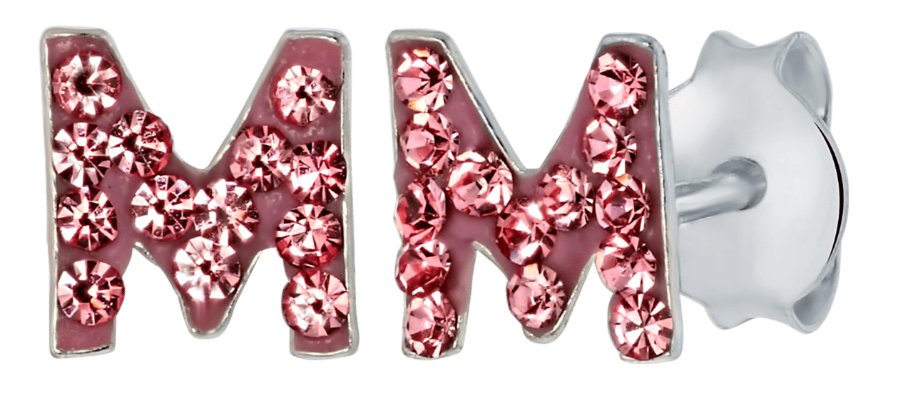 Zilveren kinderoorbellen initialen roze kristal