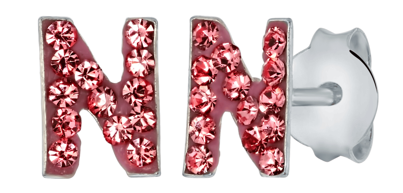 Zilveren kinderoorbellen initialen roze kristal