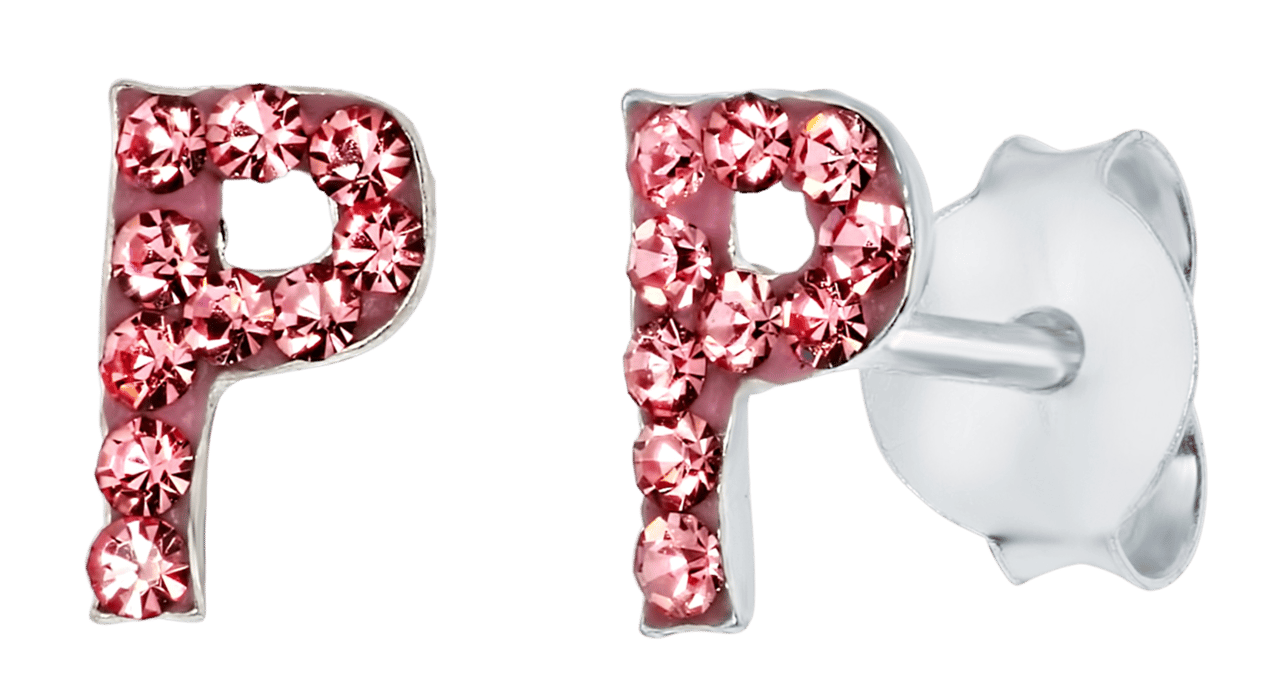 Zilveren kinderoorbellen initialen roze kristal