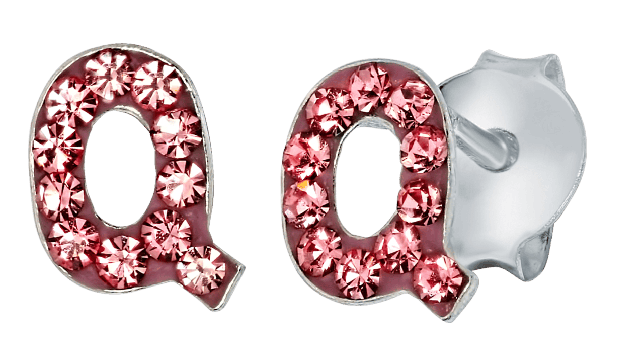 Zilveren kinderoorbellen initialen roze kristal