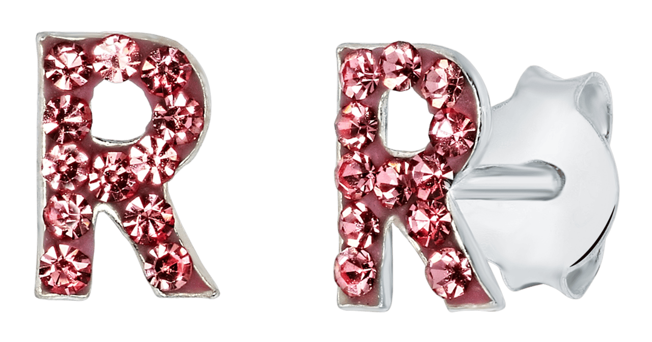 Zilveren kinderoorbellen initialen roze kristal