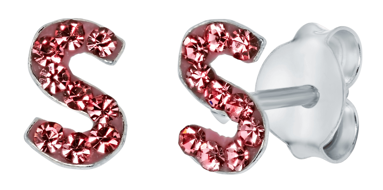Zilveren kinderoorbellen initialen roze kristal