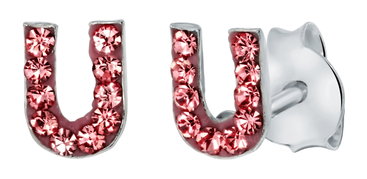 Zilveren kinderoorbellen initialen roze kristal