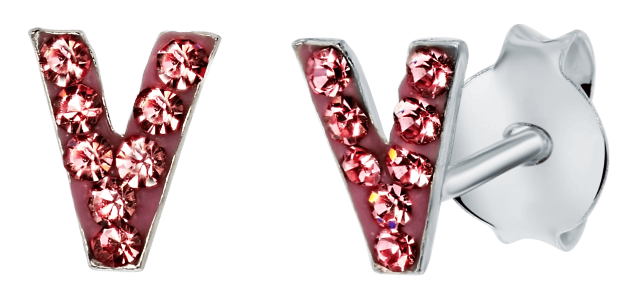 Zilveren kinderoorbellen initialen roze kristal