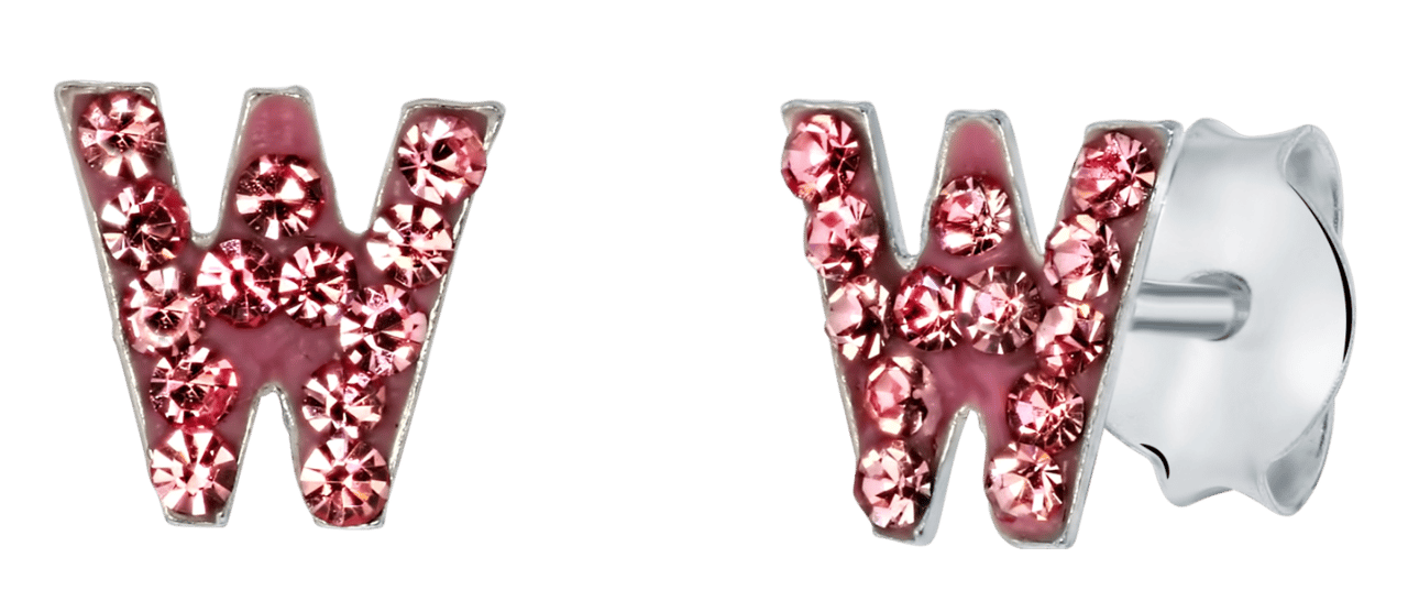 Zilveren kinderoorbellen initialen roze kristal