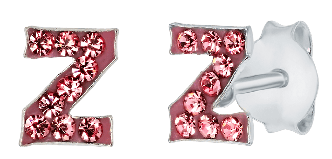 Zilveren kinderoorbellen initialen roze kristal