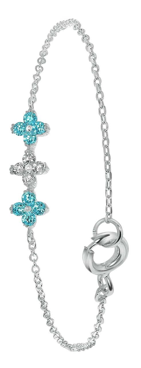Zilveren armband bloemen met blauwe&witte zirkonia