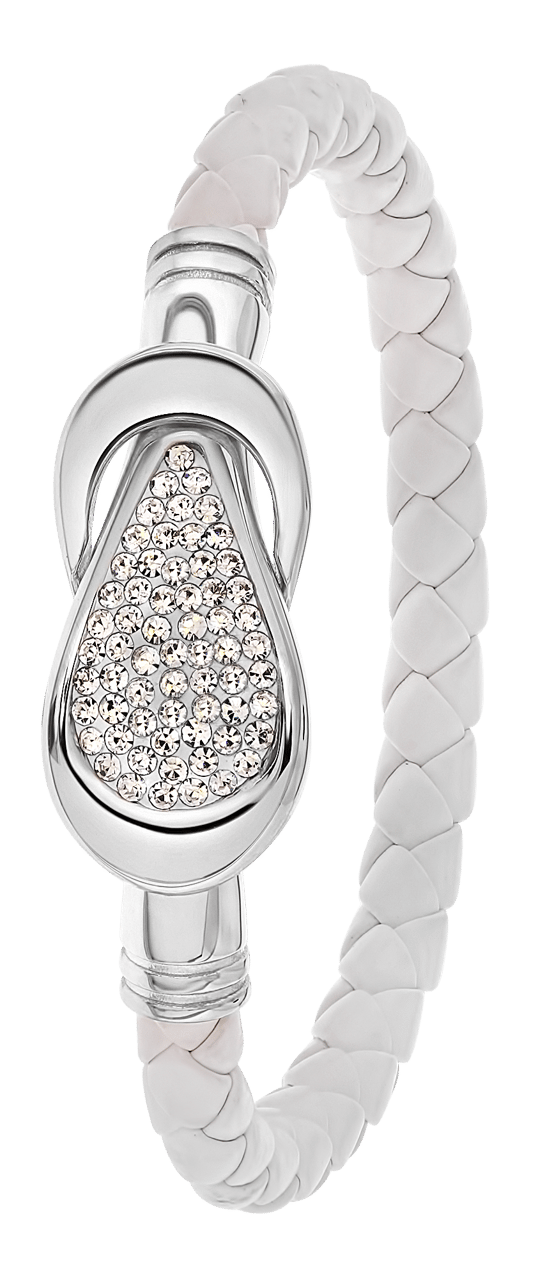 Gerecycleerd stainless steel armband leer wit/stainless steel met kristal