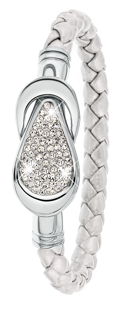 Gerecycled stainless steel armband leer zilverkleur/stainless steel met kristal