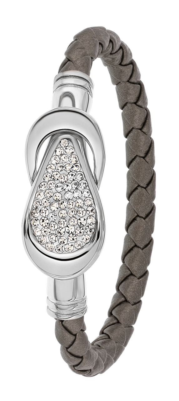 Gerecycled stainless steel armband leer grijs/stainless steel met kristal