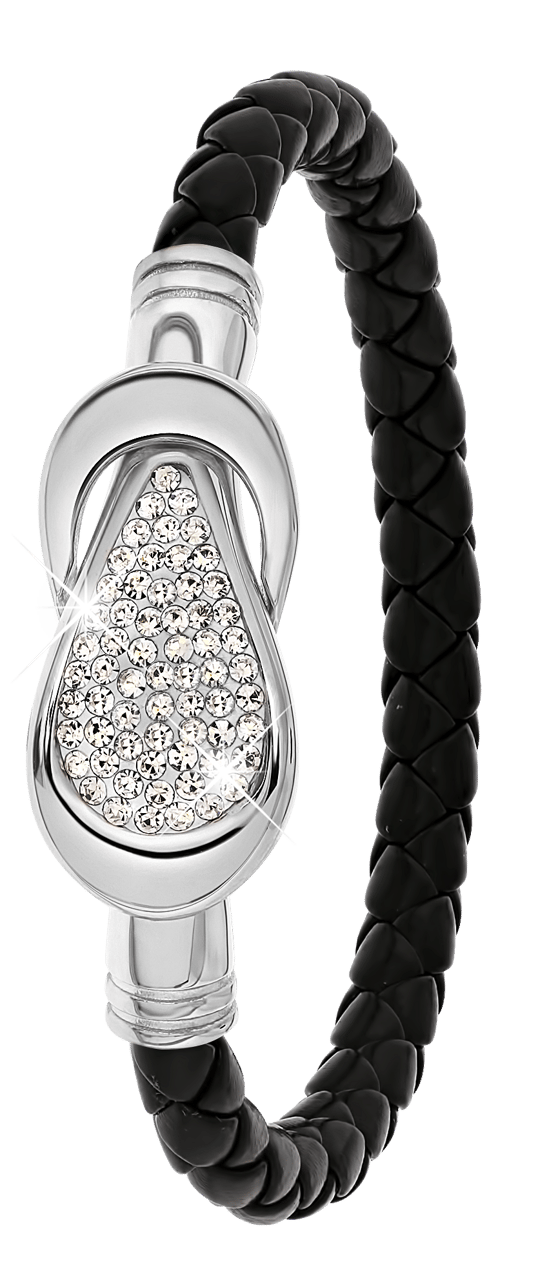 Gerecycleerd stainless steel armband leer zwart/stainless steel met kristal