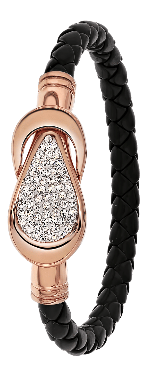 Gerecycleerd stainless steel armband leer zwart/rose met kristal