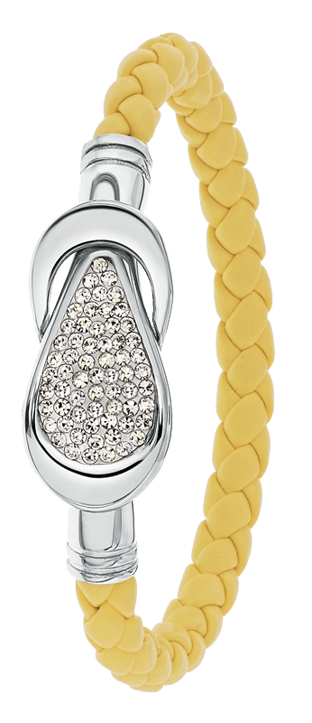 Gerecycleerd stainless steel armband leer licht geel/stainless steel met kristal