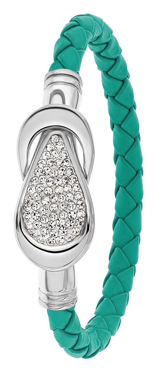 Gerecycleerd stainless steel armband leer turquoise/stainless steel met kristal