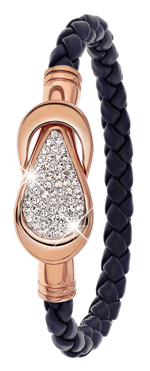 Gerecycleerd stalen armband leer donker blauw/rose kristal