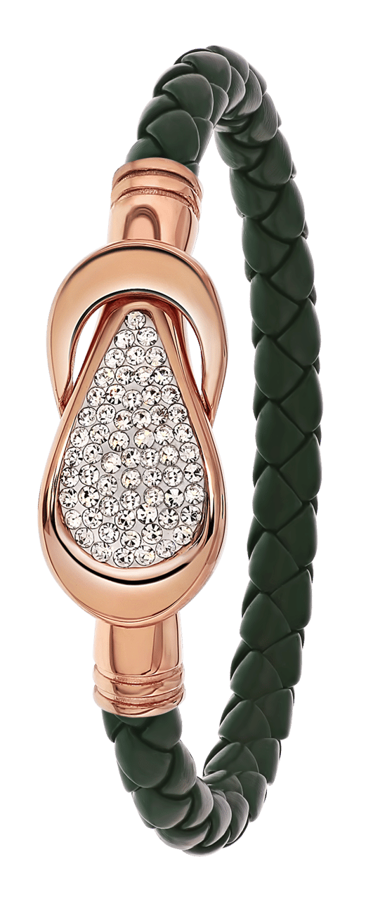 Gerecycleerd stainless steel armband leer donker groen/rose kristal