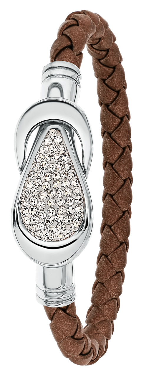 Gerecycleerd stainless steel armband leer cacao/stainless steel met kristal