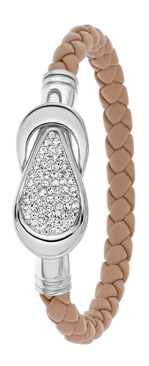 Gerecycleerd stainless steel armband leer beige/stainless steel met kristal