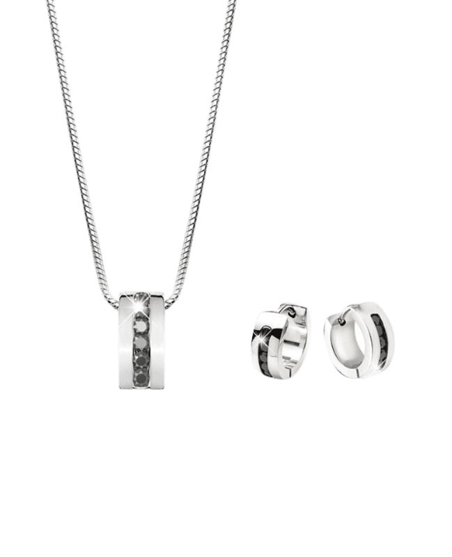 Gerecycleerd stainless steel set ketting&oorbellen zwarte zirkonia
