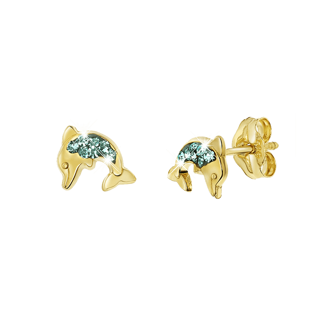 Ohrringe, 585 Gelbgold, Delfin, Kristall in Blau