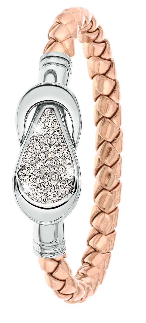 Gerecycled stainless steel armband leer rose/stainless steel met kristal