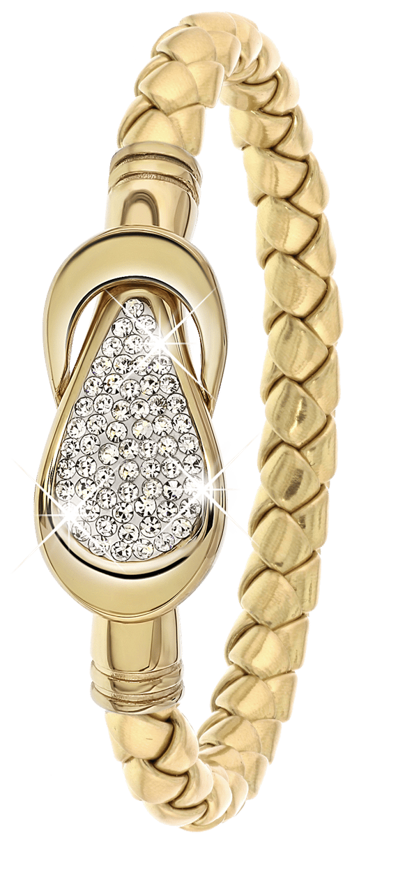 Gerecycleerd stainless steel armband leer goud/goldplated met kristal