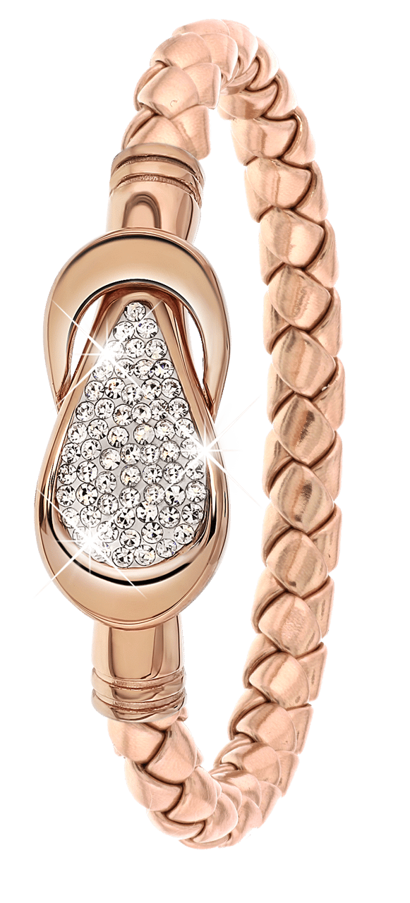 Gerecycleerd stainless steel armband leer rose/roseplated met kristal