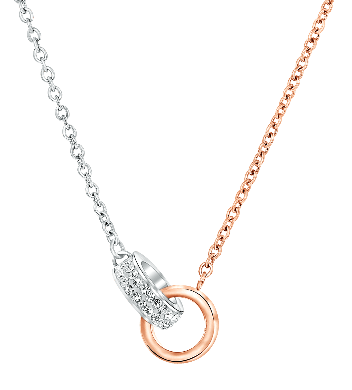 Gerecycleerd stainless steel ketting stainless steel/rose ringen met kristal