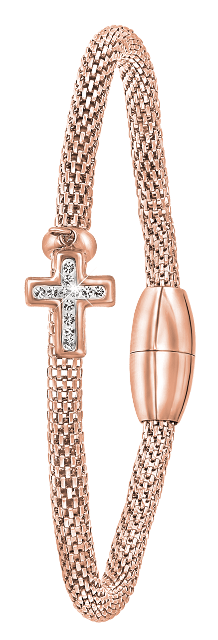 Gerecycled stalen armband mesh roseplated kruis met kristal