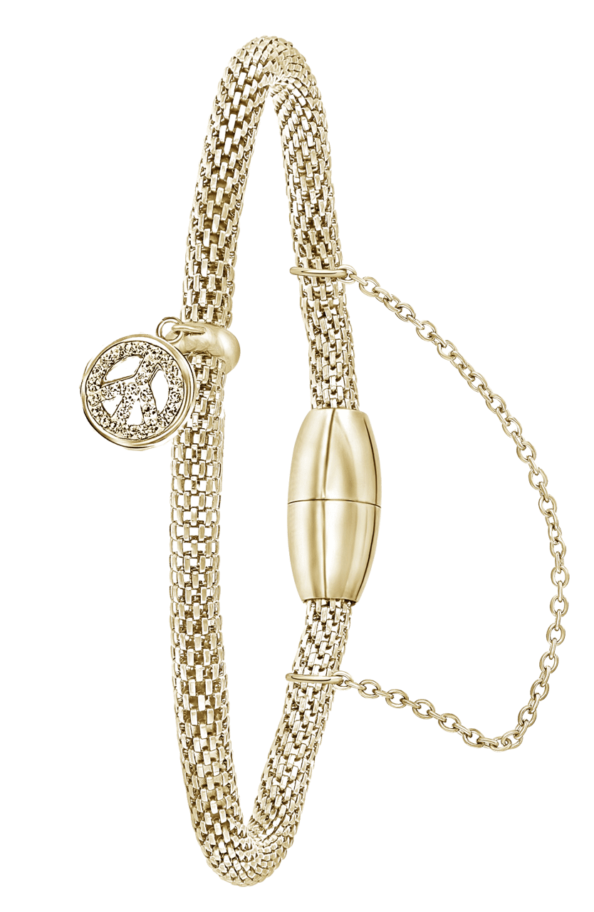Gerecycleerd stainless steel armband mesh goldplated peace met kristal