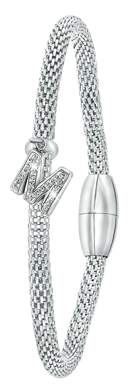 Gerecycleerd stalen armband mesh letter met kristal