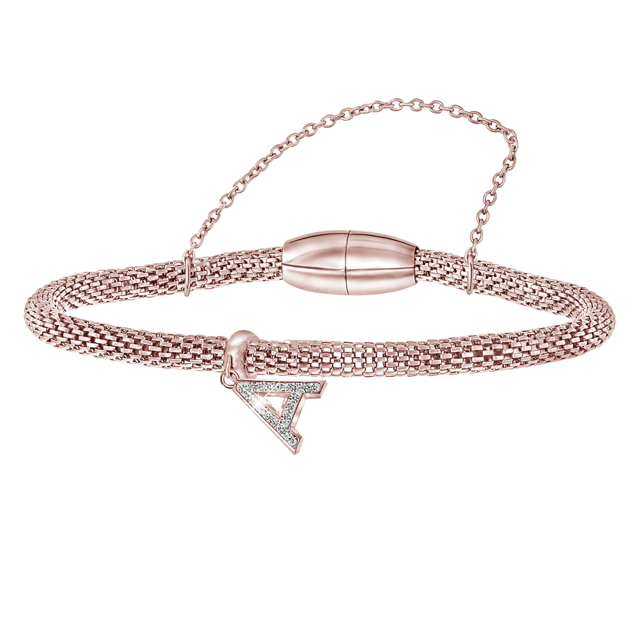 Gerecycleerd stainless steel armband mesh roseplated letter met kristal