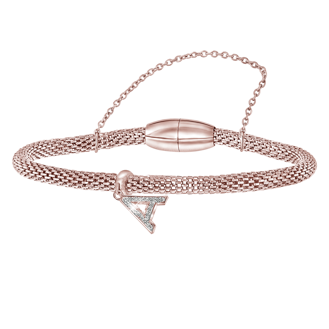 Gerecycleerd stalen armband mesh roseplated letter met kristal