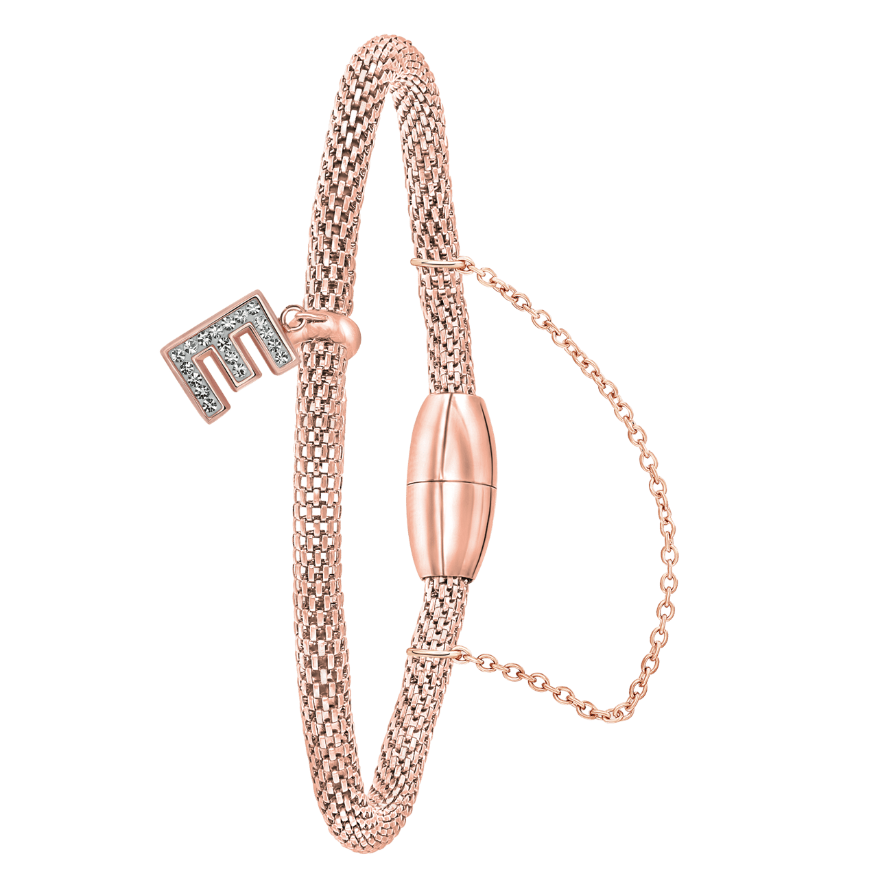 Gerecycleerd stainless steel armband mesh roseplated letter met kristal